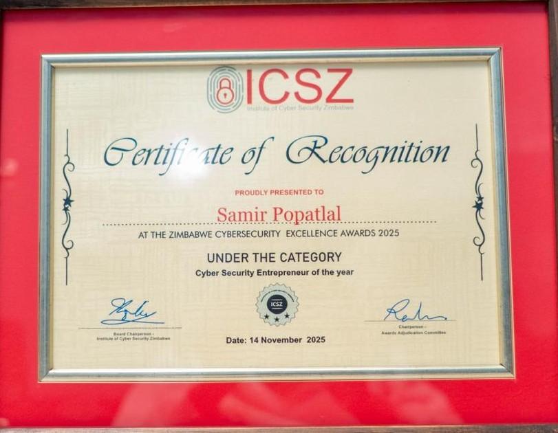 Cybersecurity Entrepreneur of the Year certificate